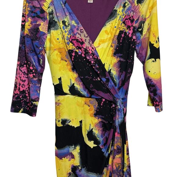 Suzi Chin for Maggy Boutique Size 8 Purple Abstract Print Faux Wrap Dress - Picture 3 of 8
